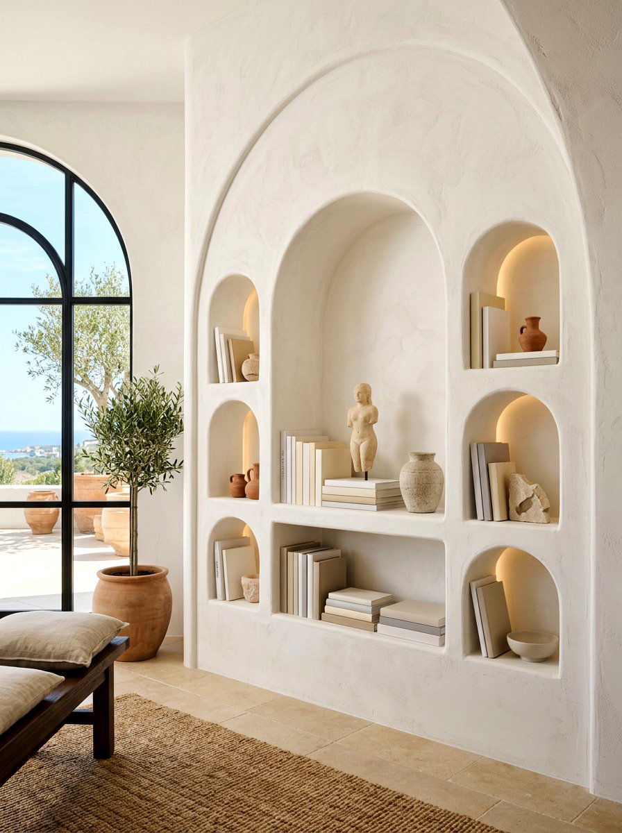 Architectural Arched Recessed Shelving - 30 bookshelf styling ideas