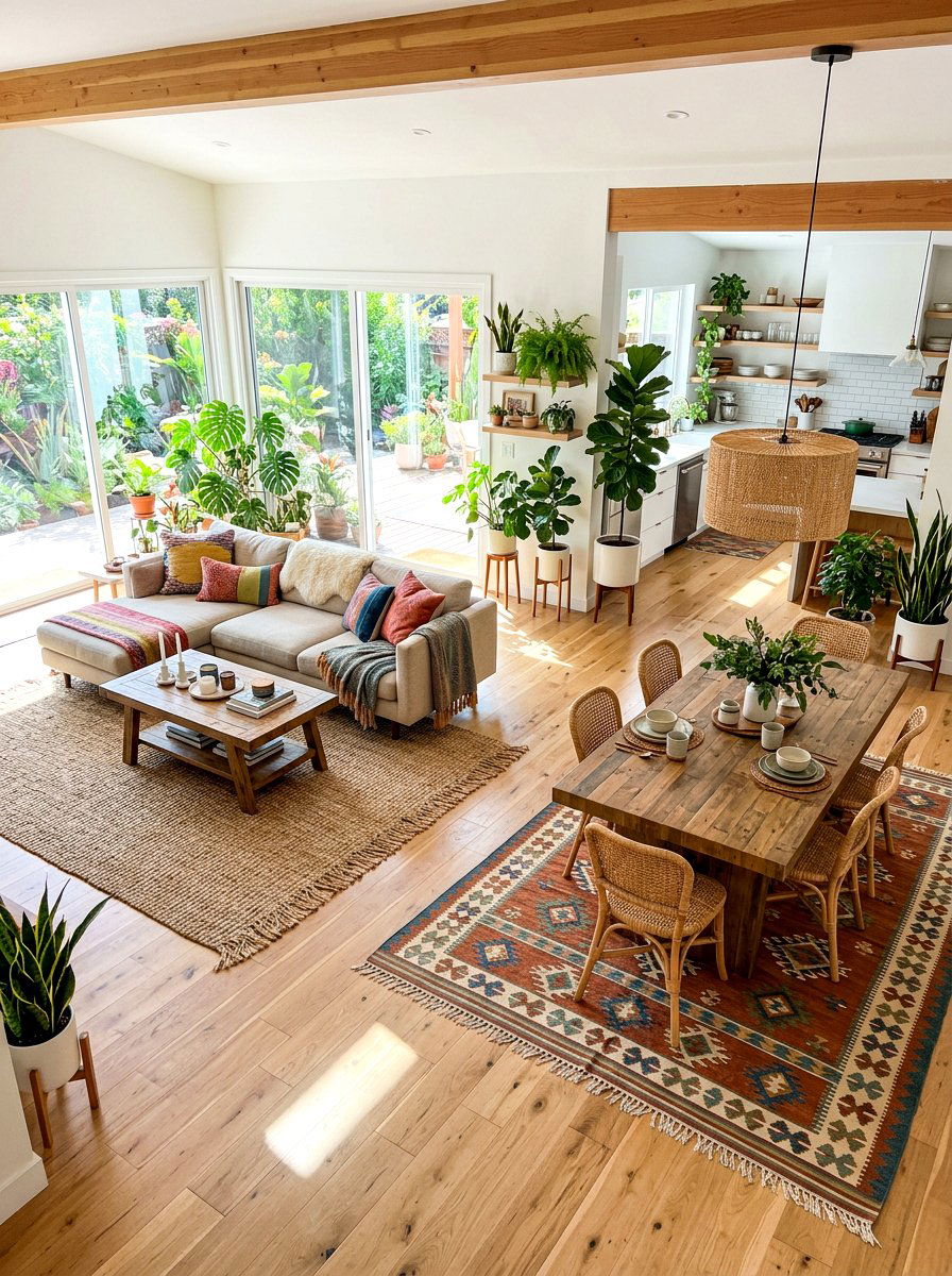 Area rug placement - 30 zoned open concept ideas