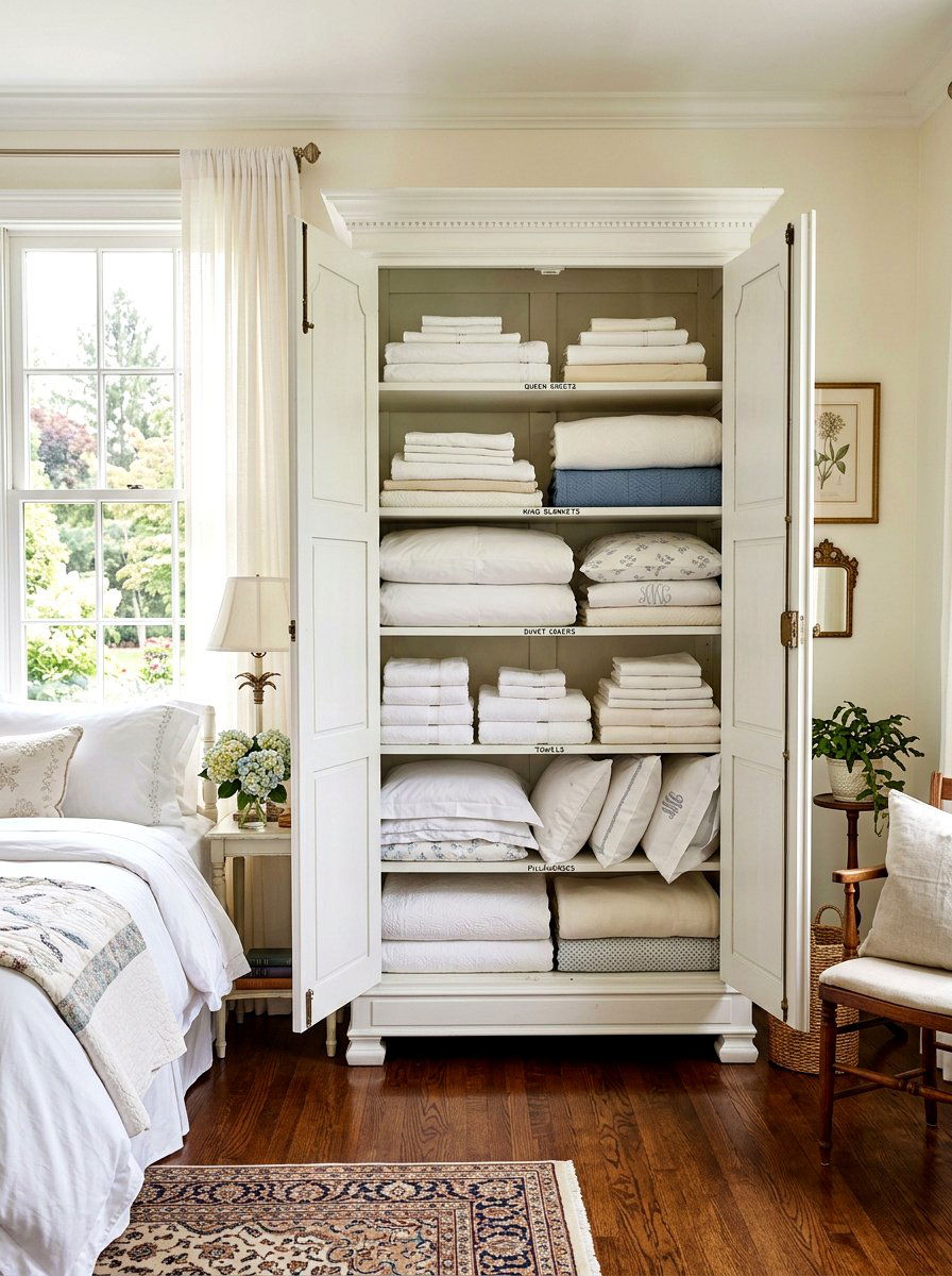 Armoire for linens - 30 bedding storage ideas