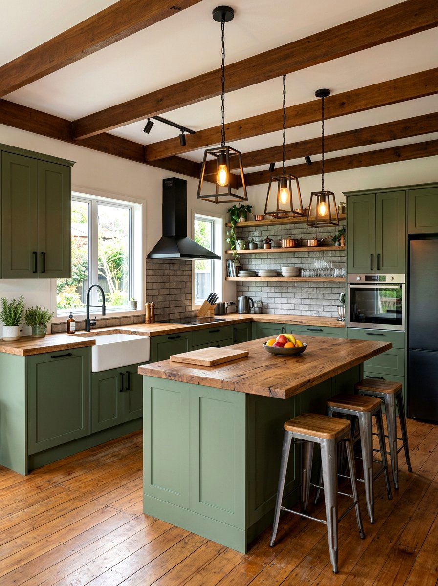 Army green and rustic wood kitchen - 30 green and wood kitchen ideas