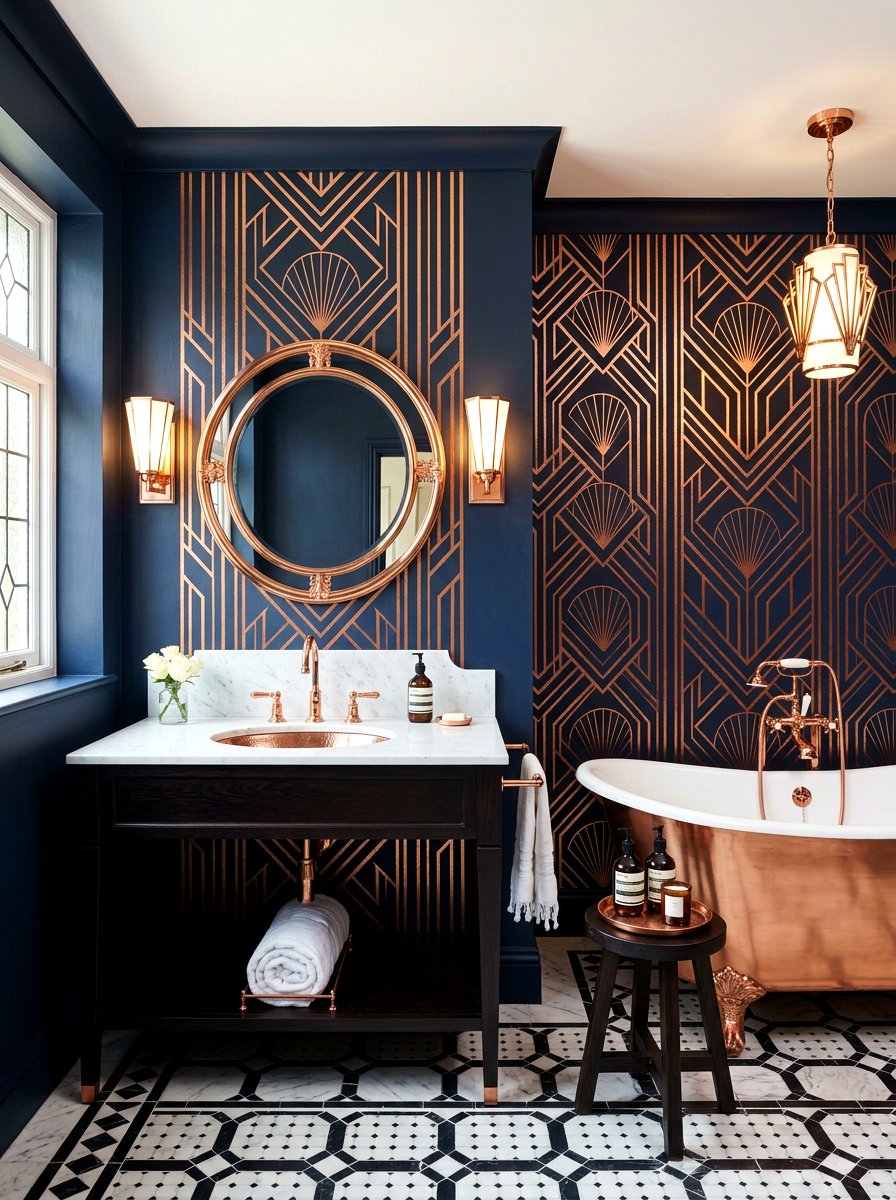 Art Deco Copper Striped Bathroom - 30 striped bathroom wallpaper ideas
