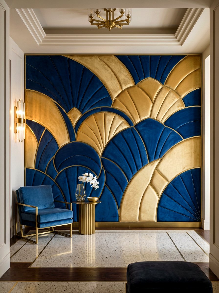 Art Deco Geometric Padded Wall - 30 wall wrapped headboard ideas