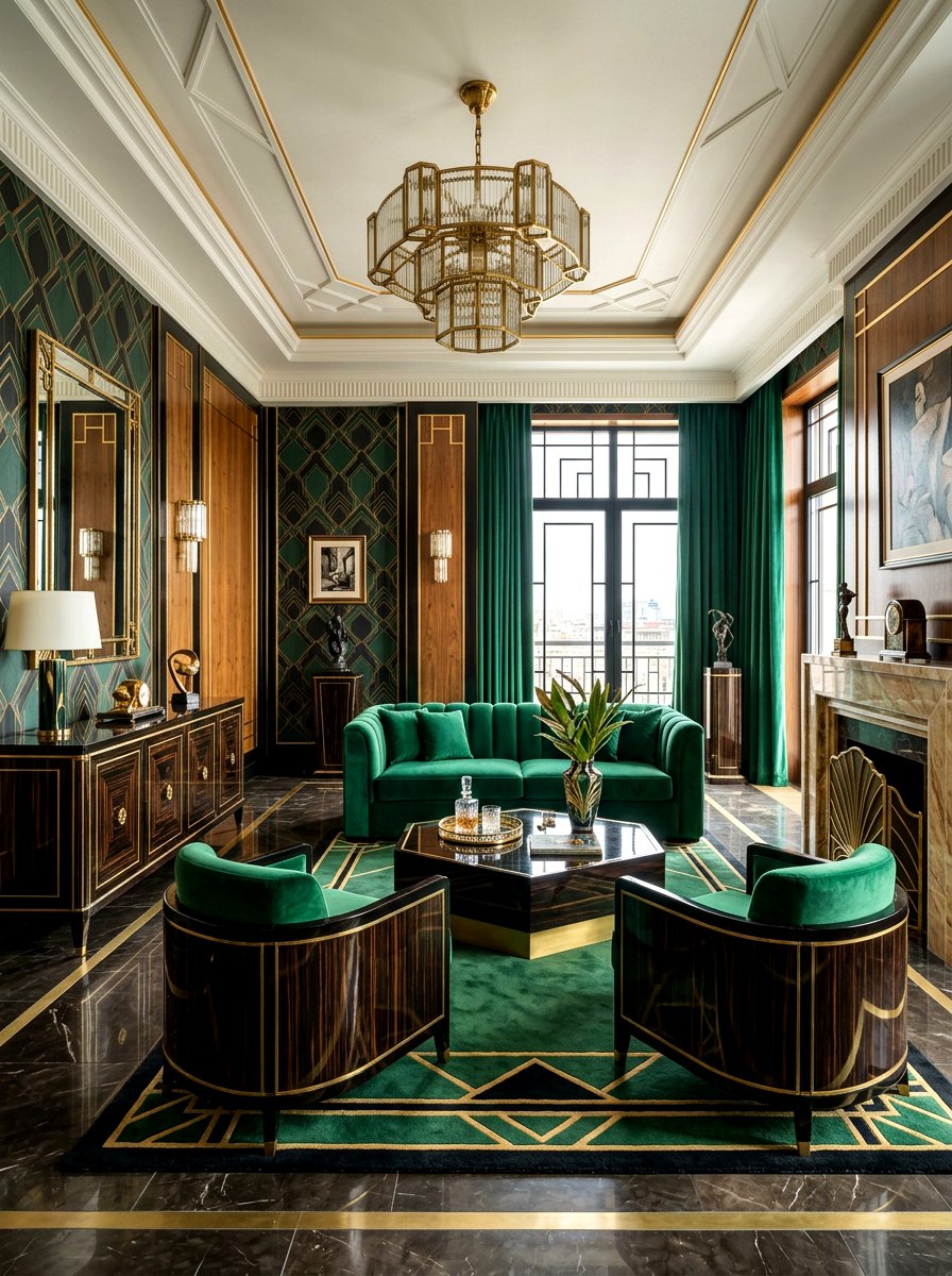 Art Deco Living Room With Emerald Green And Dark Wood - 30 forest green and brown living room ideas