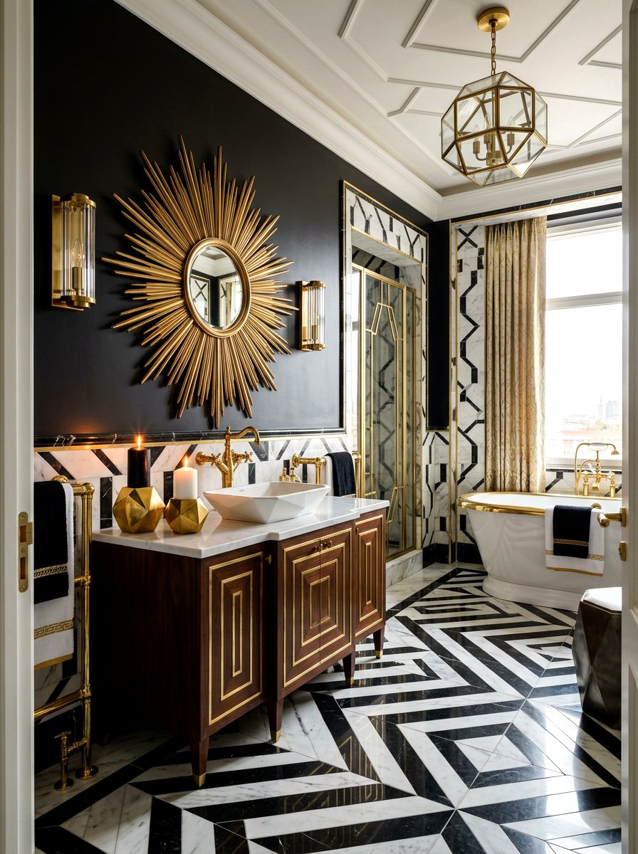 Art Deco bathroom with geometric candles - 30 candlelit bathroom ideas