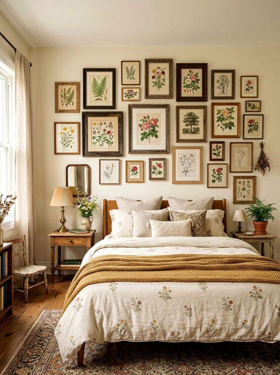 Art Gallery Wall - 30 cottage romantic bedroom ideas