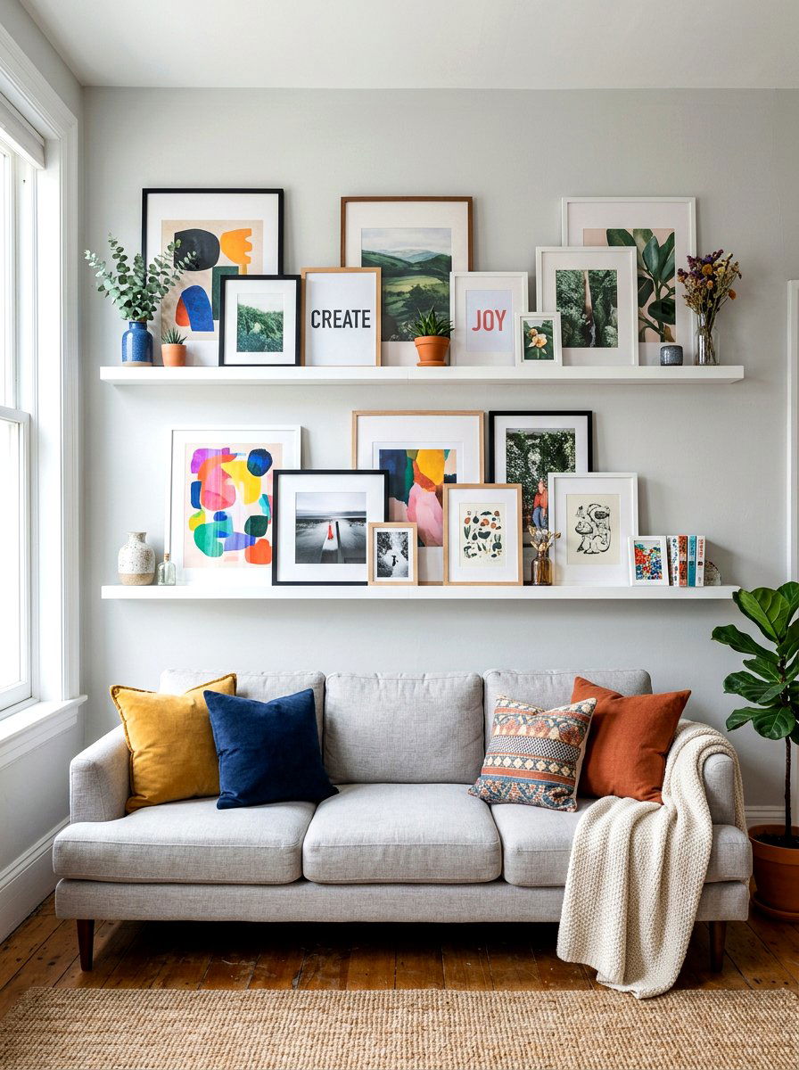 Art Ledge Wall - 30 bold colorful gallery wall ideas