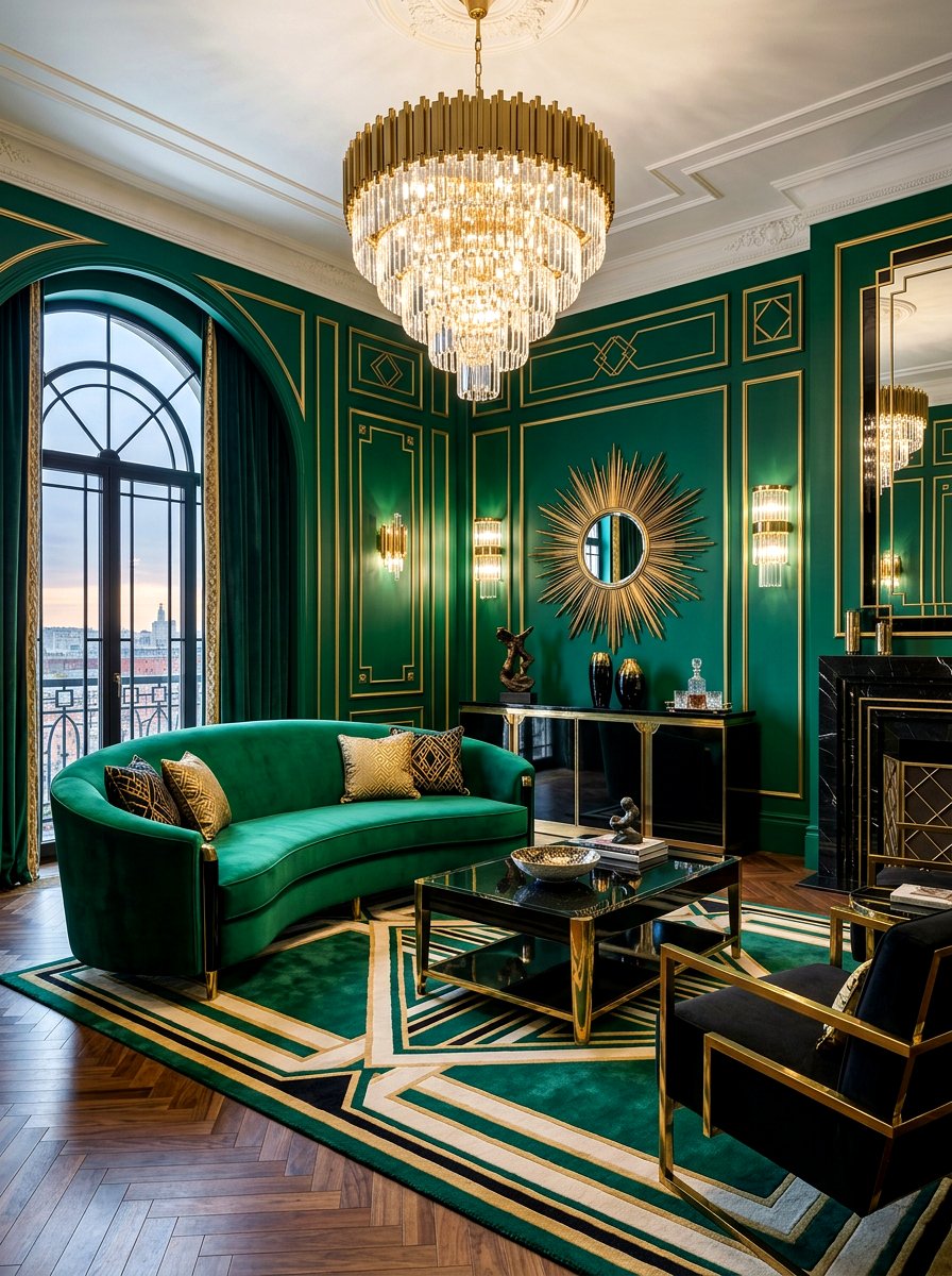 Art deco green living room - 30 emerald green living room ideas