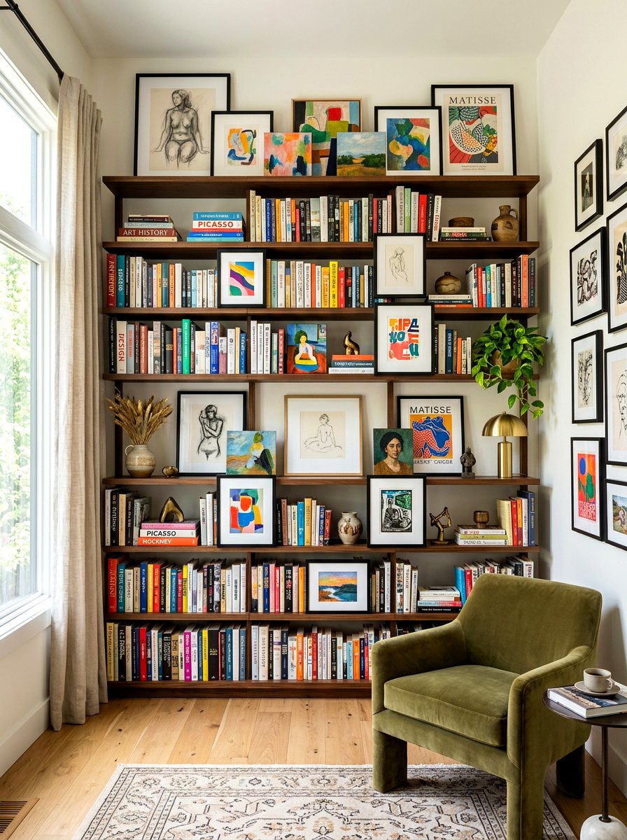Art focused bookshelf - 30 bookshelf spring styling ideas