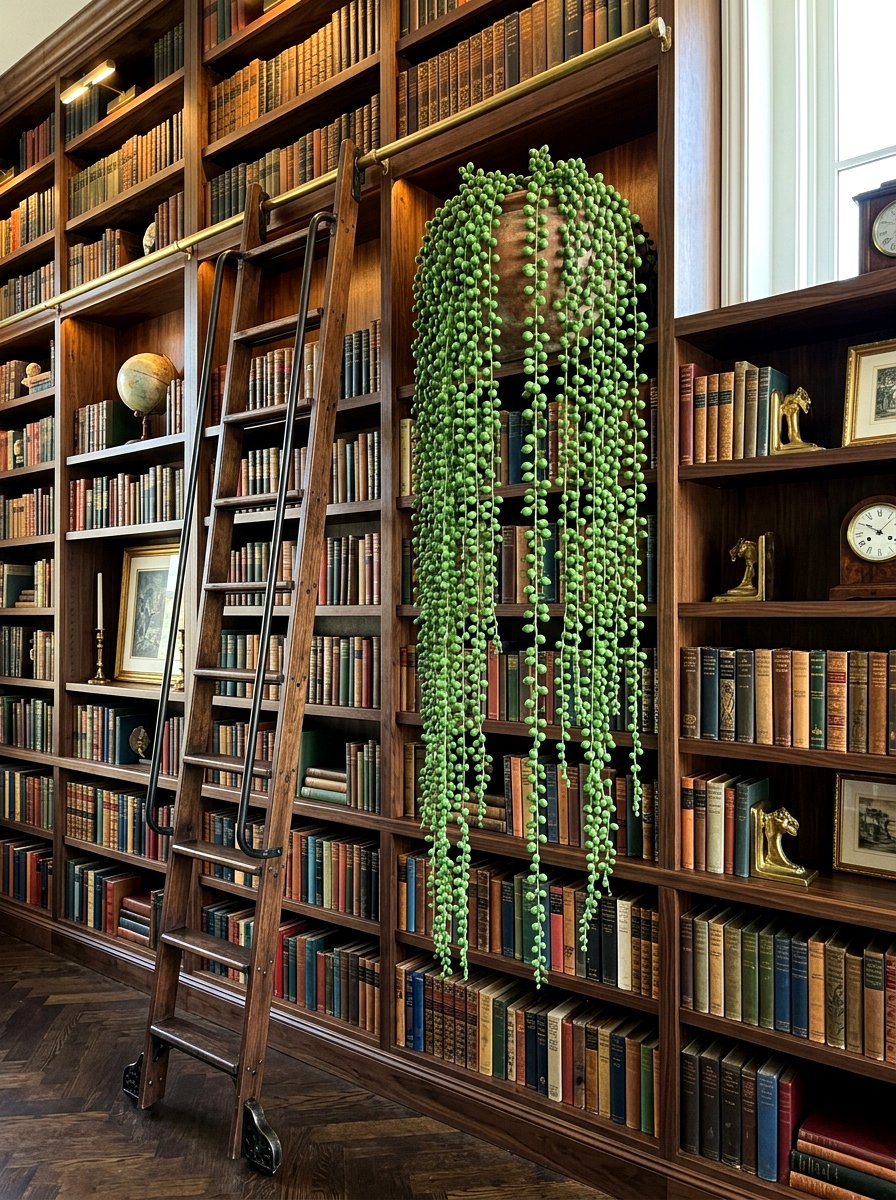 Artificial String Of Pearls Bookshelf - 30 faux plant decor ideas