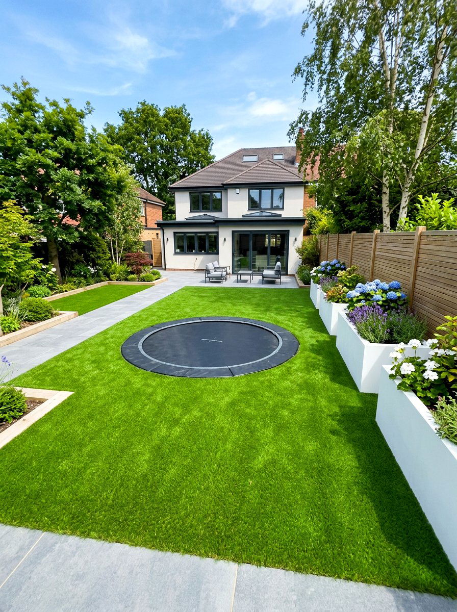 Artificial grass around trampoline - 30 trampoline landscaping ideas