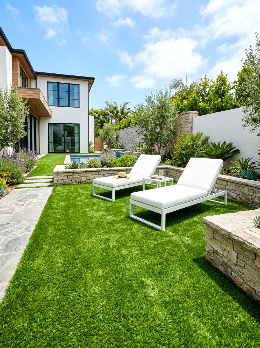 Artificial grass courtyard lounge - 30 small courtyard seating ideas