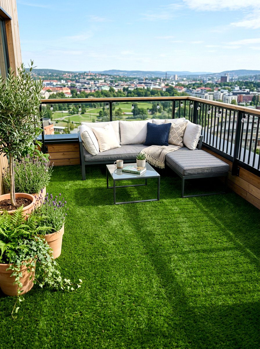 Artificial grass flooring - 30 apartment deck ideas