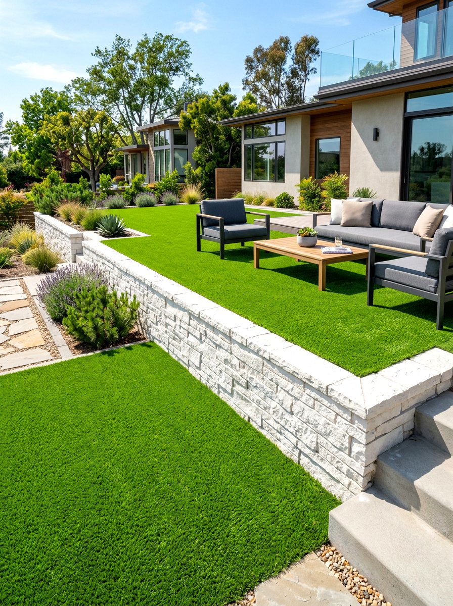 Artificial grass layers - 30 split level backyard ideas