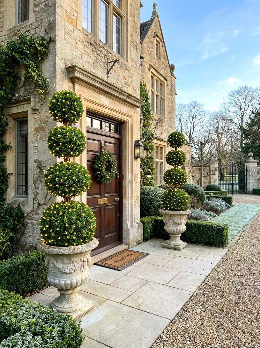 Artificial topiary with lights - 30 front porch winter glow ideas