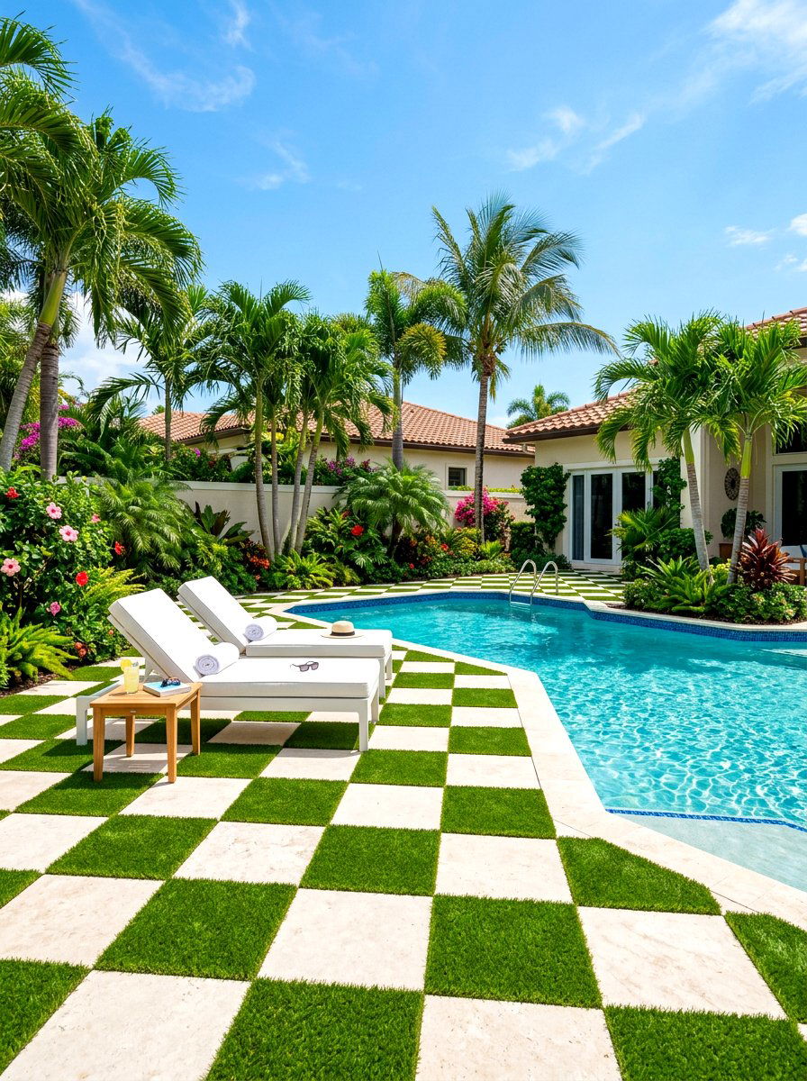 Artificial turf and limestone patio - 30 checkerboard patio paver ideas