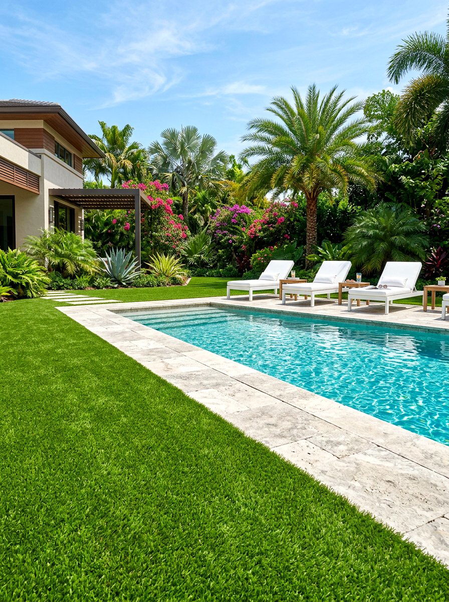 Artificial turf pool deck - 30 small poolside patio ideas