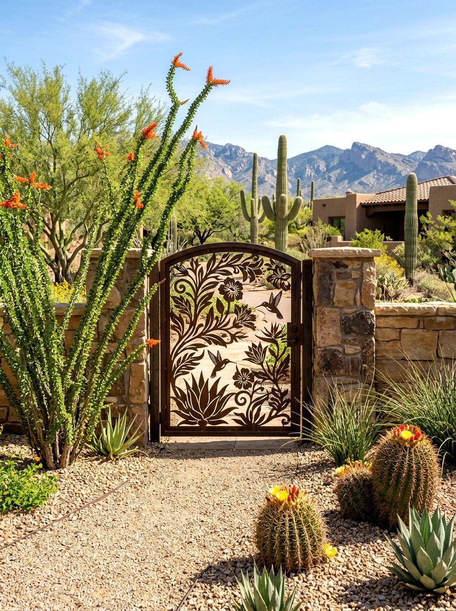 Artistic Laser Cut Gate With Desert Plants - 30 driveway gate landscaping ideas