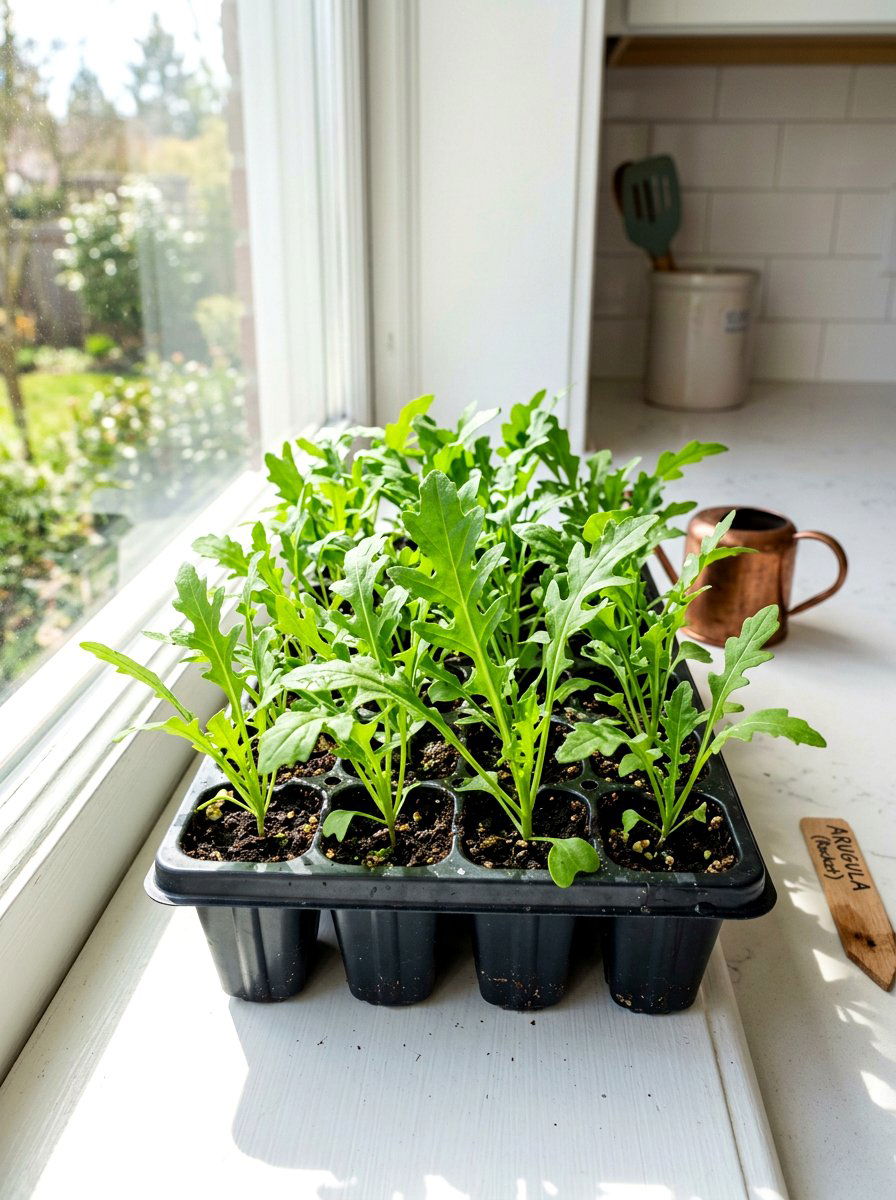 Arugula In Plastic Seedling Tray - 30 windowsill vegetable garden ideas