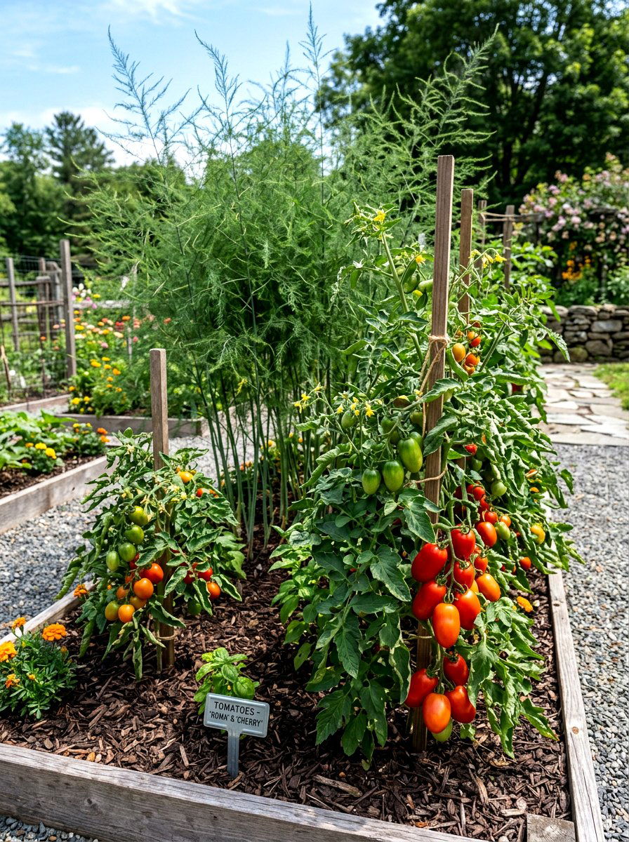 Asparagus and tomato symbiotic planting - 30 vegetable garden companion planting ideas