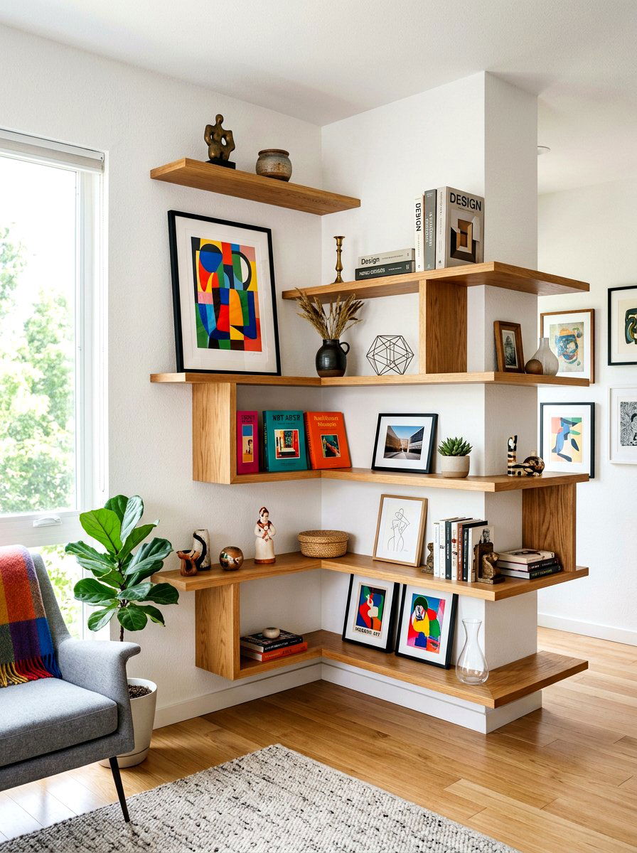 Asymmetrical Corner Shelf Layout - 30 living room corner shelf ideas