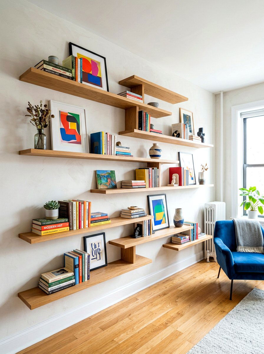 Asymmetrical Floating Shelves - 30 office backdrop shelf ideas