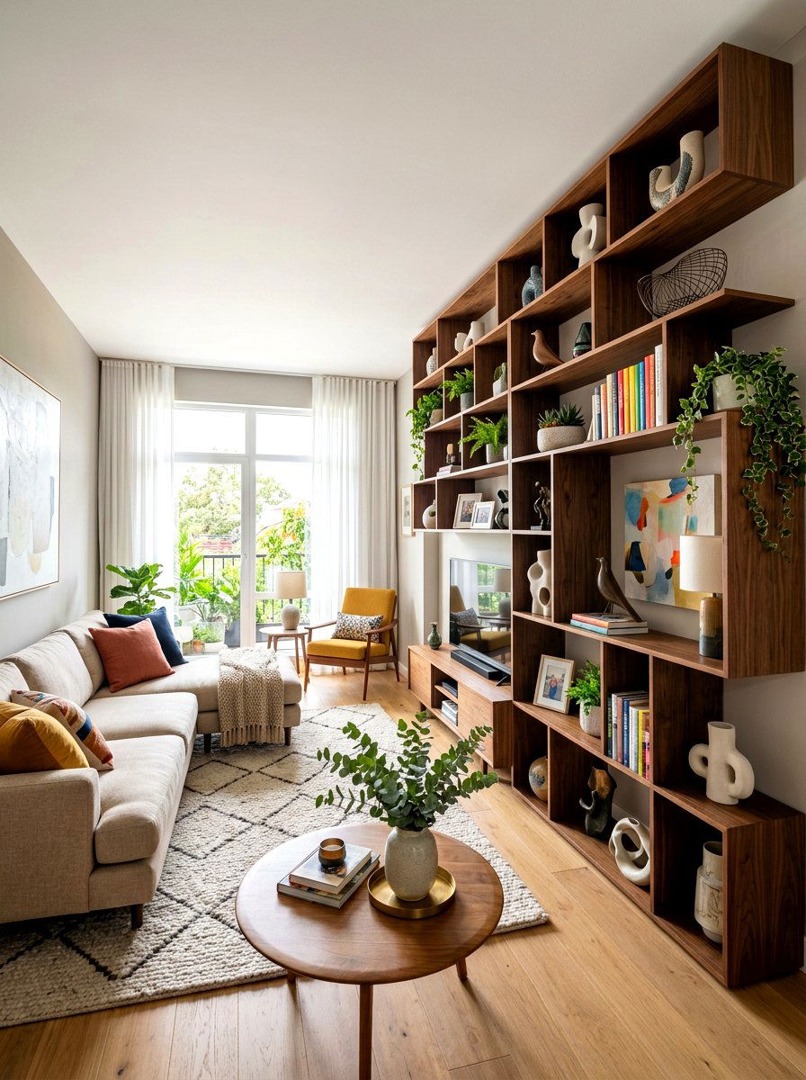 Asymmetrical Open Shelving Unit - 30 book wall living room ideas