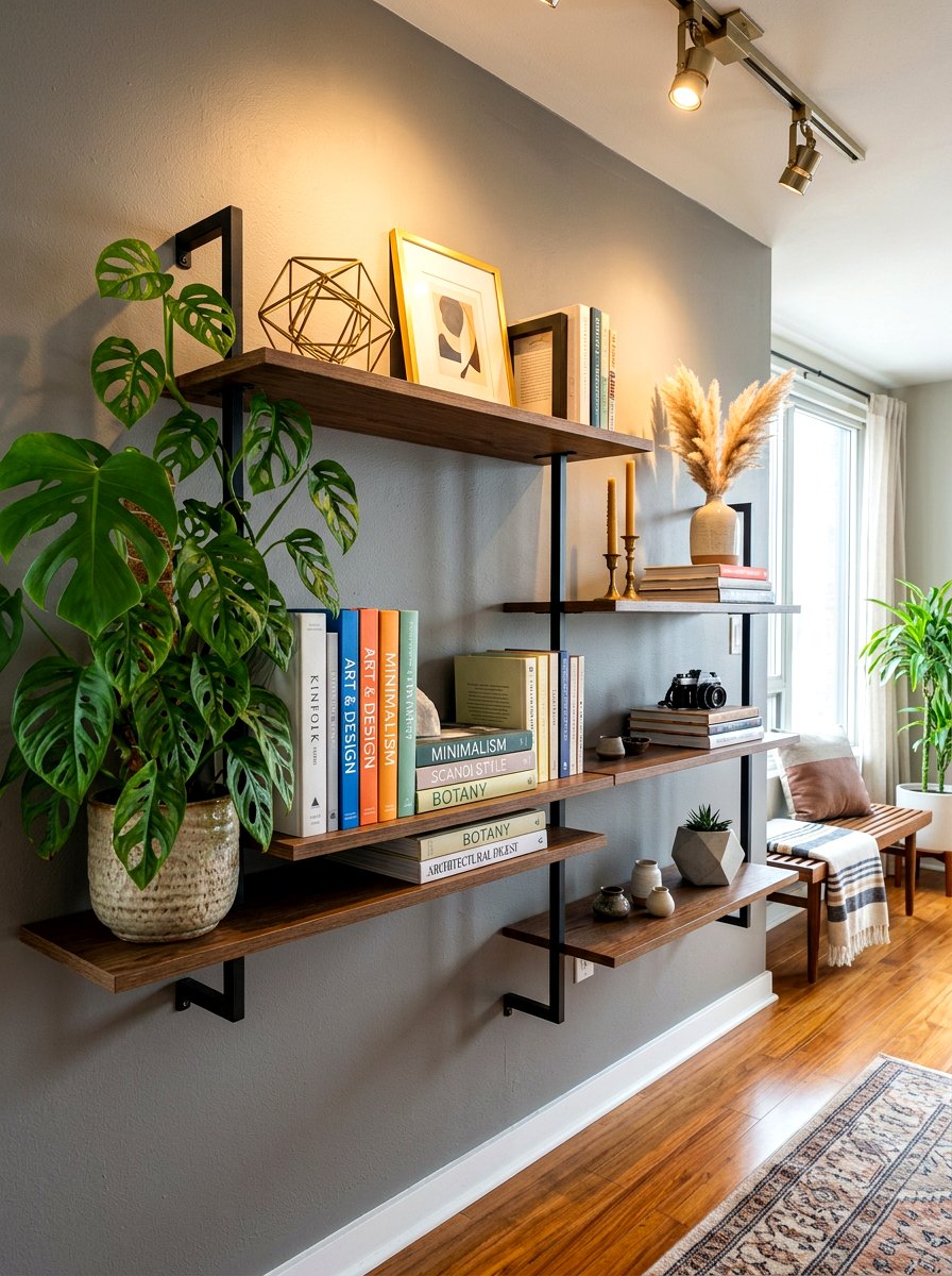 Asymmetrical Shelf Decor - 30 aesthetic bookshelf styling apartment ideas