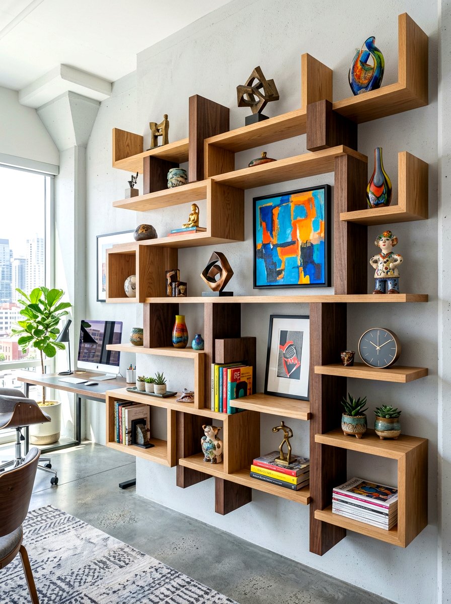 Asymmetrical artistic office shelves - 30 home office shelf ideas