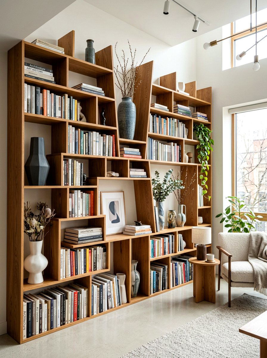Asymmetrical bookshelf design - 30 bookshelf styling living room ideas