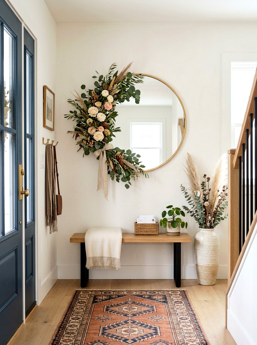 Asymmetrical floral wreath - 30 wreath wall display ideas