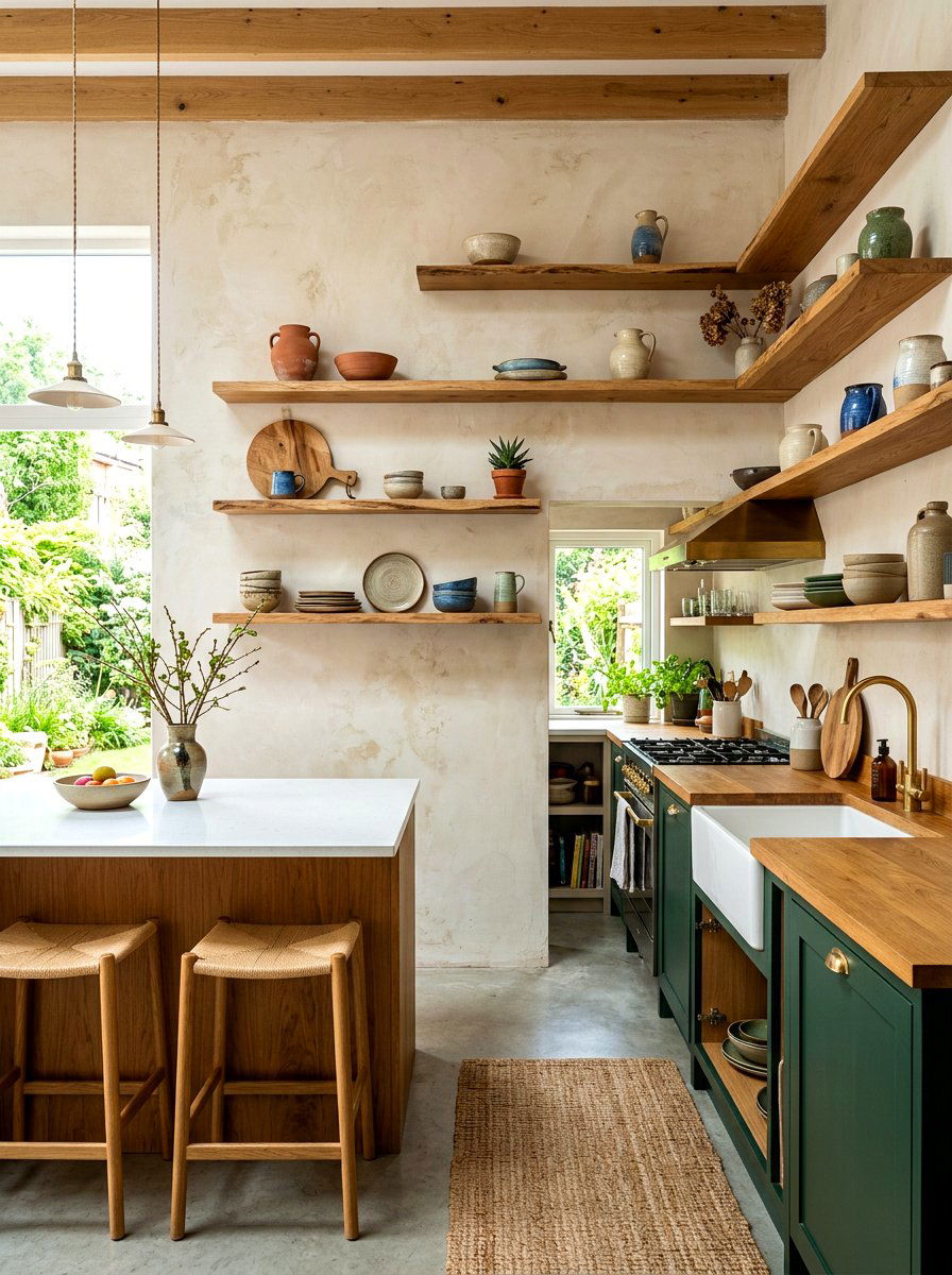 Asymmetrical kitchen shelving - 30 wabi sabi kitchen ideas