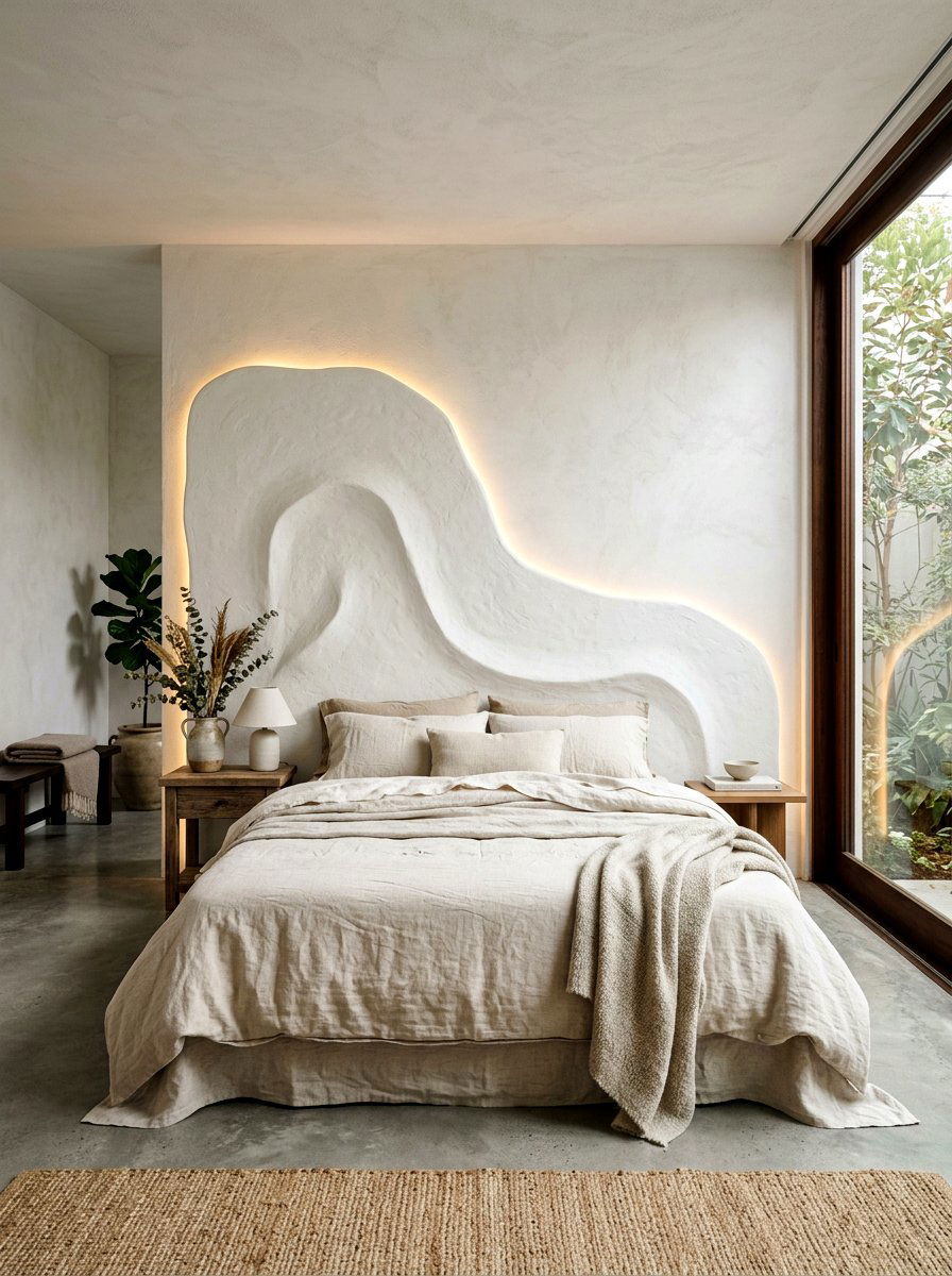 Asymmetrical plaster headboard - 30 sculptural headboard ideas