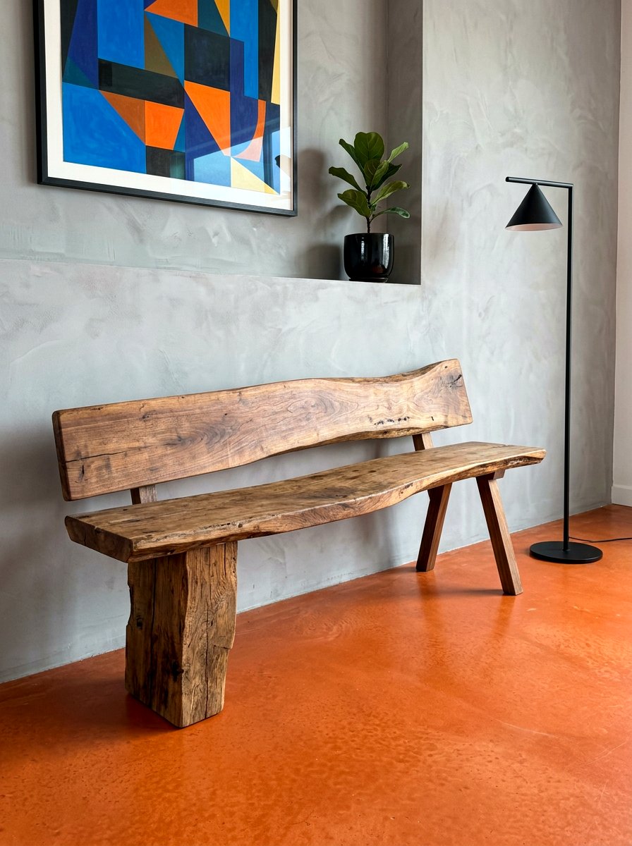 Asymmetrical wood bench - 30 sculptural entry bench ideas