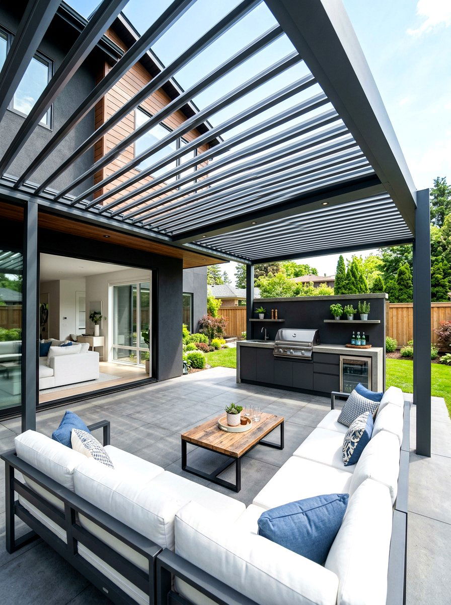 Attached Aluminum Louvered Roof - 30 rainproof patio ideas