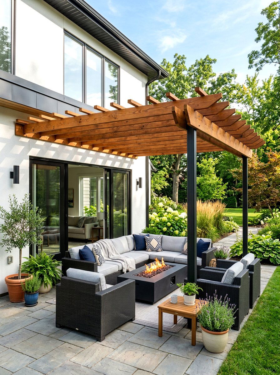 Attached House Pergola - 30 fire pit pergola ideas