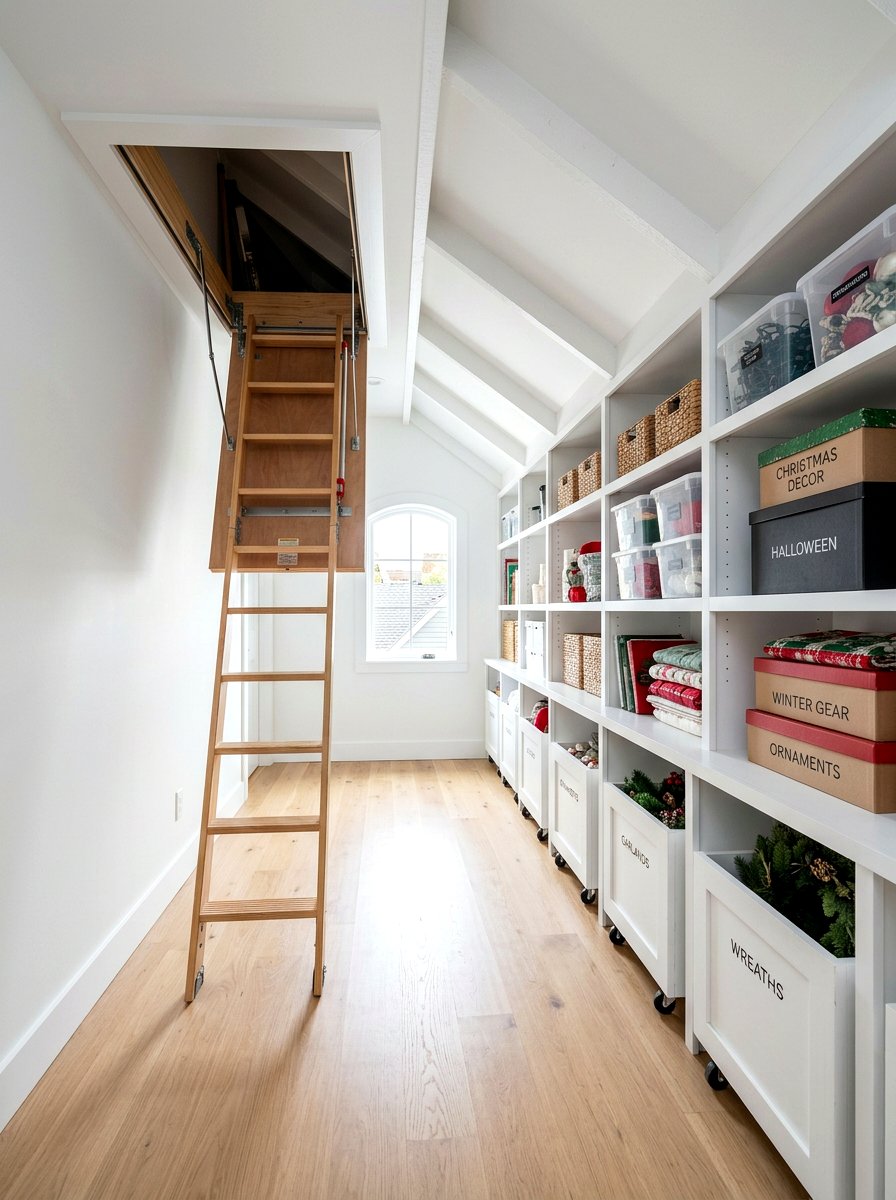 Attic Niche Storage Setup - 30 organizing seasonal decor ideas