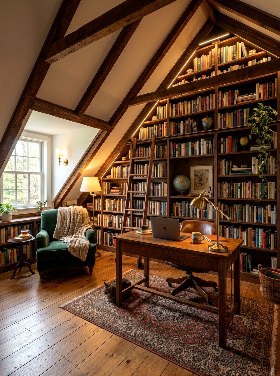 Attic Office With Library - 30 sloped ceiling office ideas