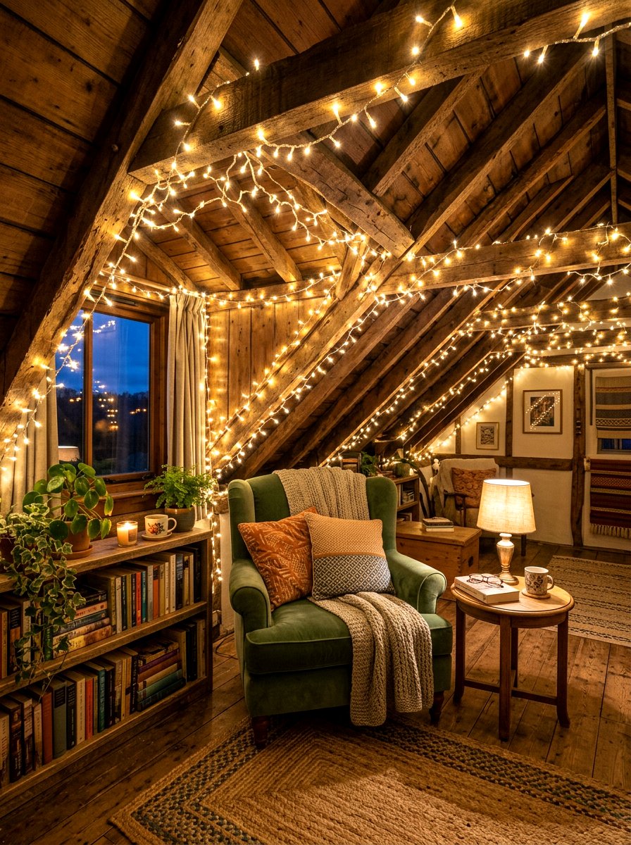 Attic Reading Corner String Light Ambience - 30 attic reading corner ideas