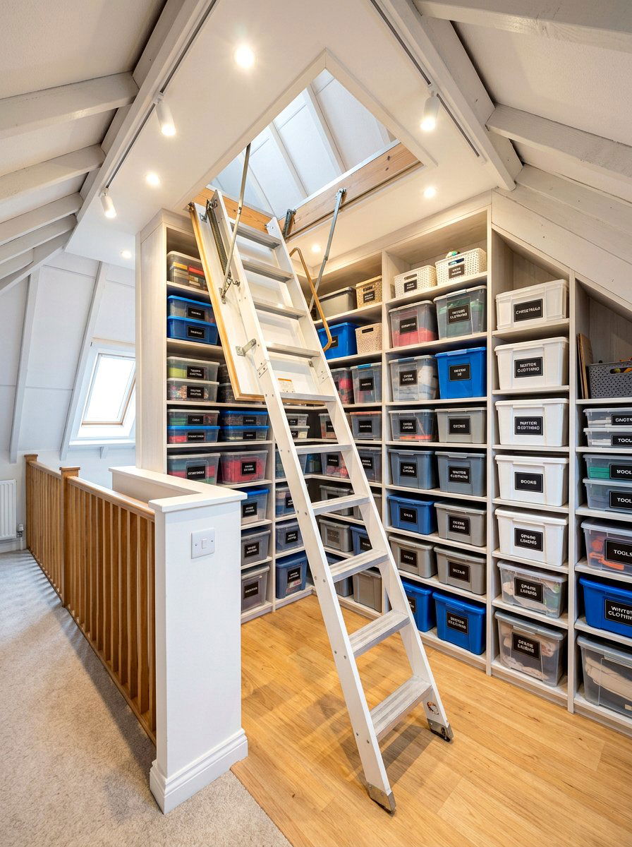 Attic access ladder storage - 30 garage ceiling storage ideas