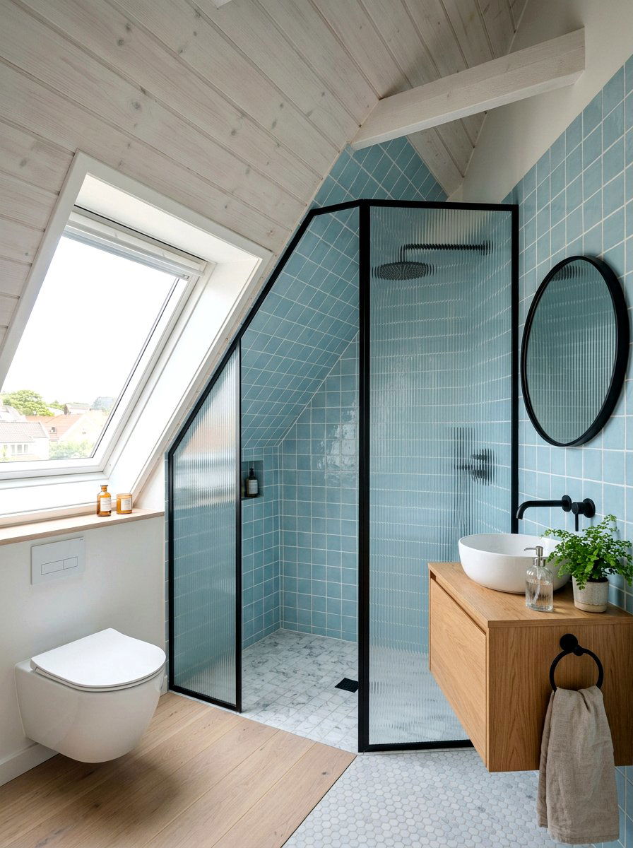Attic bathroom fluted glass shower - 30 ribbed glass shower ideas