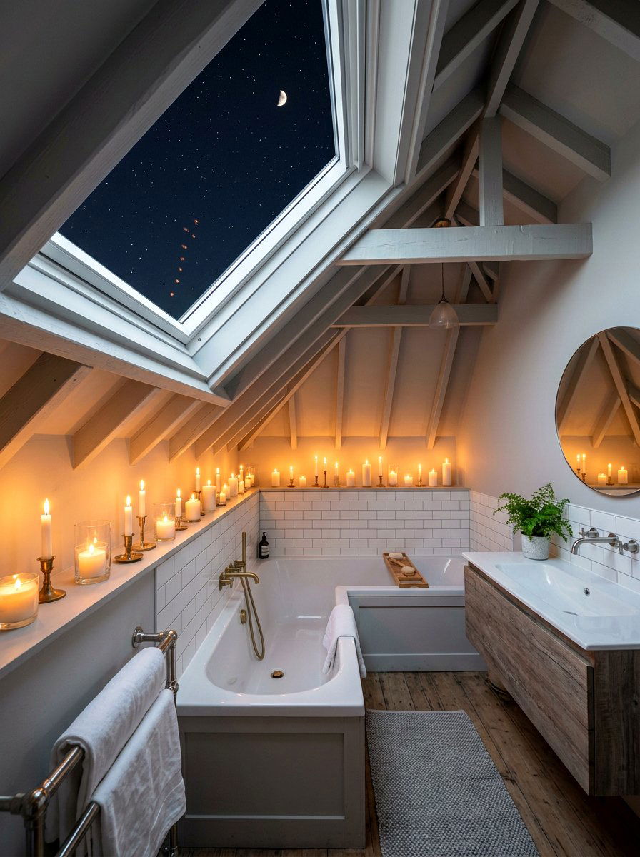 Attic bathroom with skylight and candles - 30 candlelit bathroom ideas