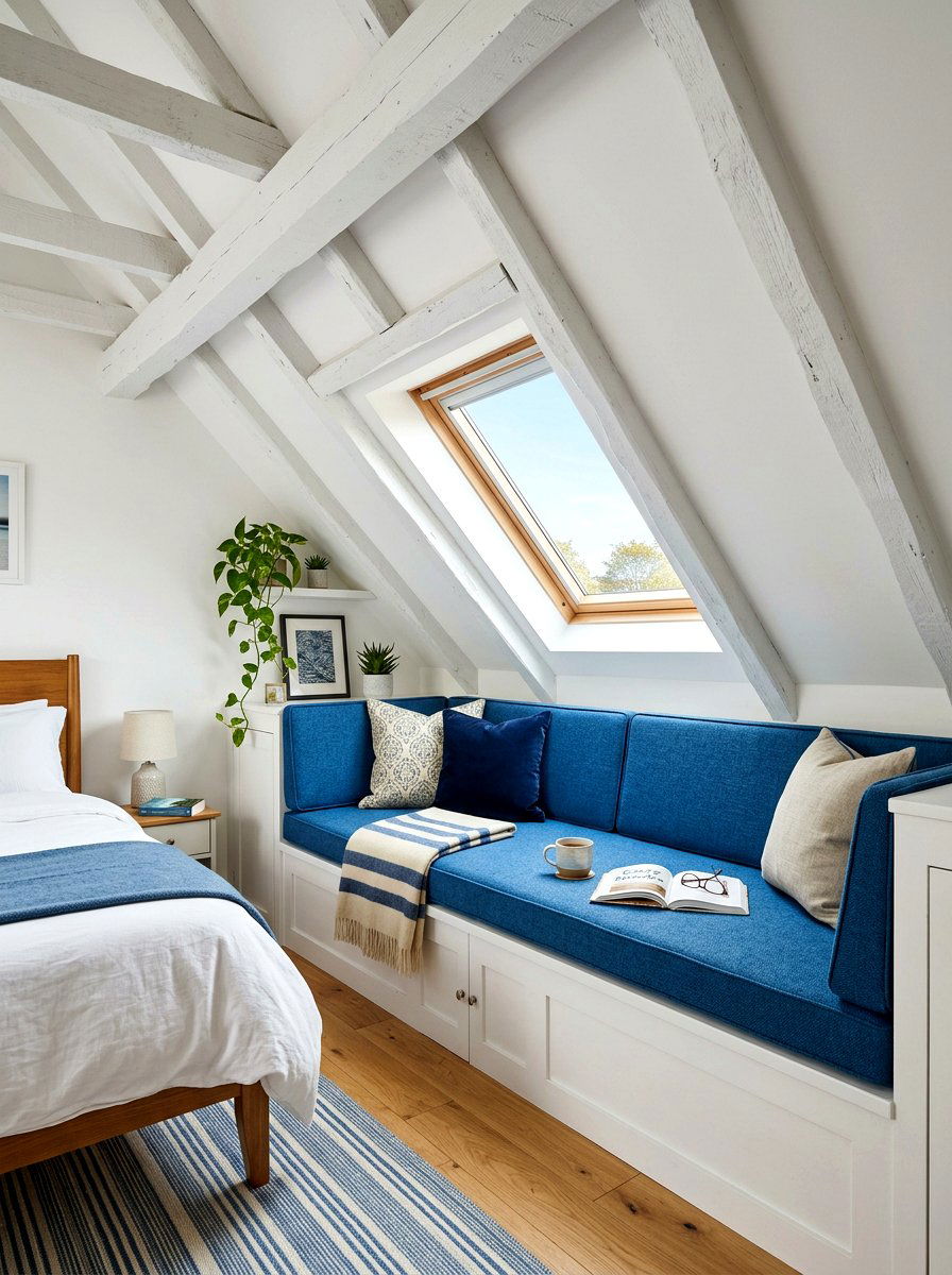 Attic bedroom slanted wall seat - 30 bedroom reading corner ideas