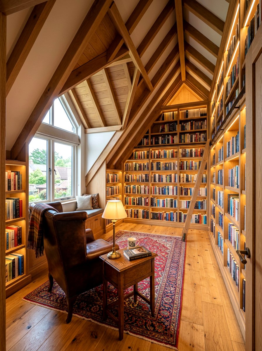 Attic library built in bookshelves - 30 attic reading room ideas