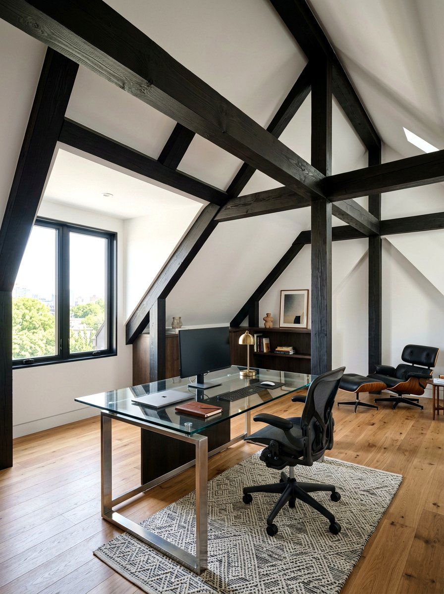 Attic office exposed beams
