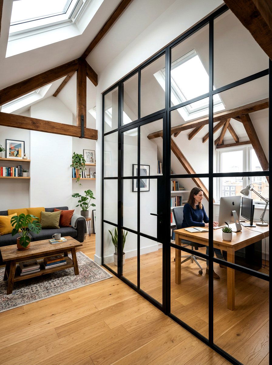 Attic office glass partition - 30 attic office ideas