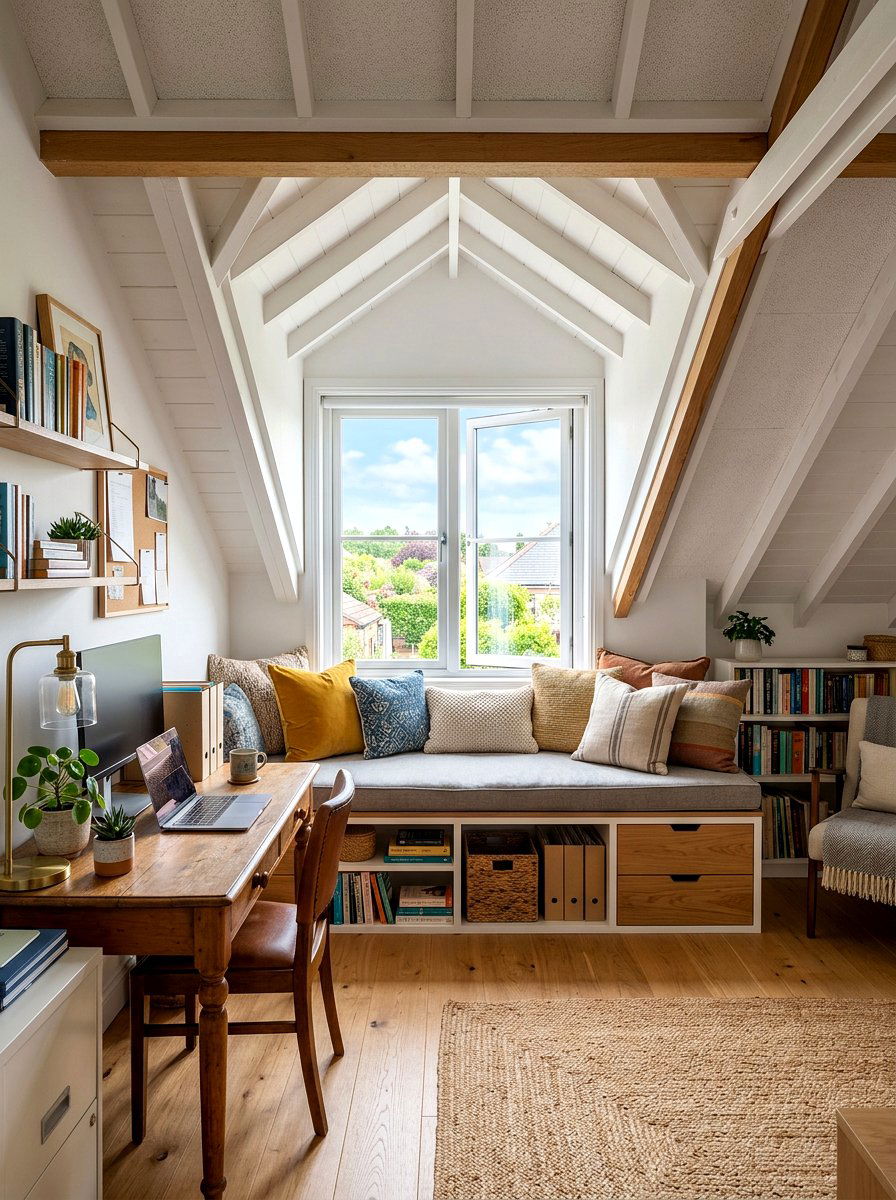 Attic office with window seat - 30 attic office ideas