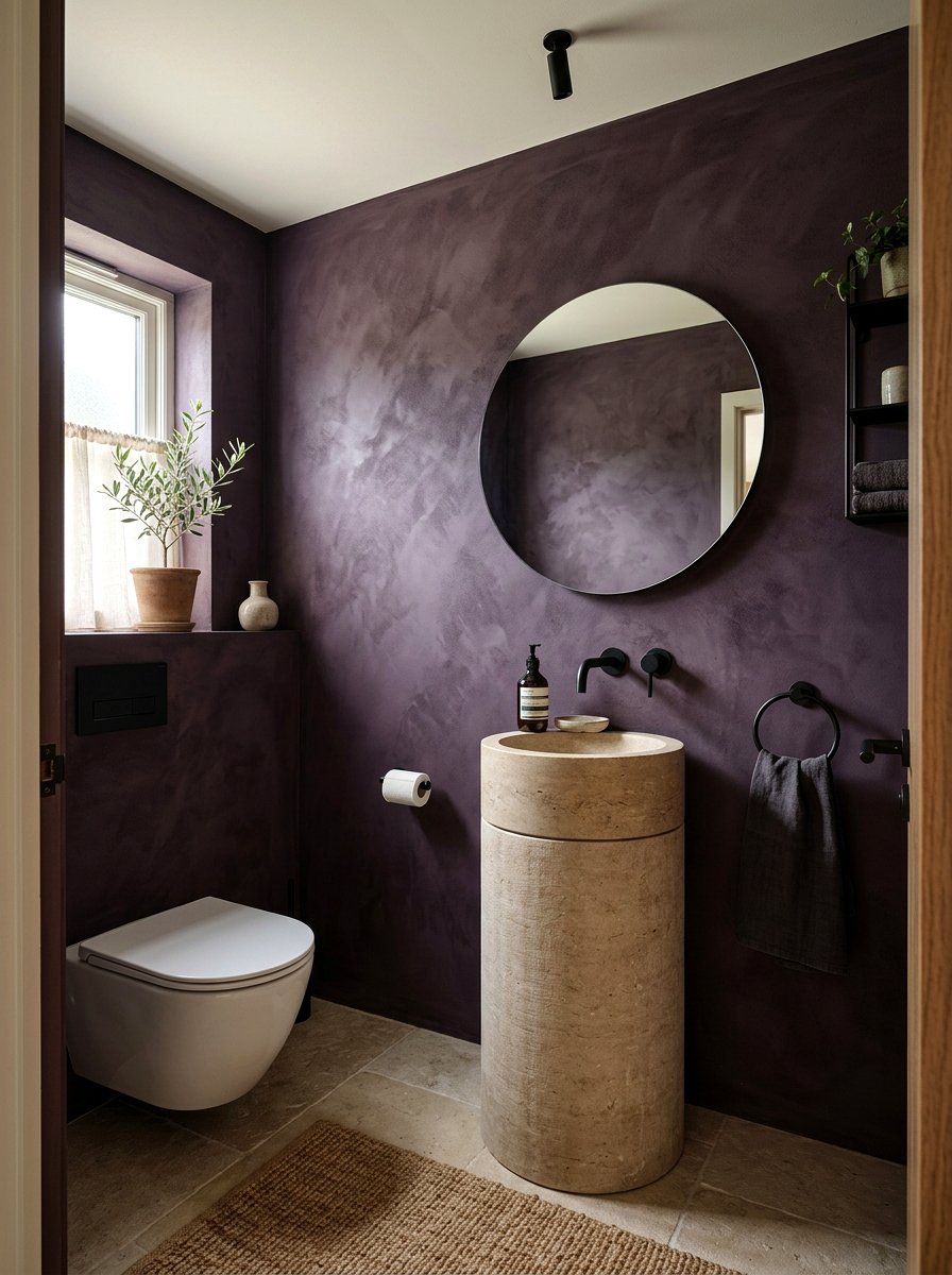 Aubergine limewash wall - 30 aubergine powder room ideas