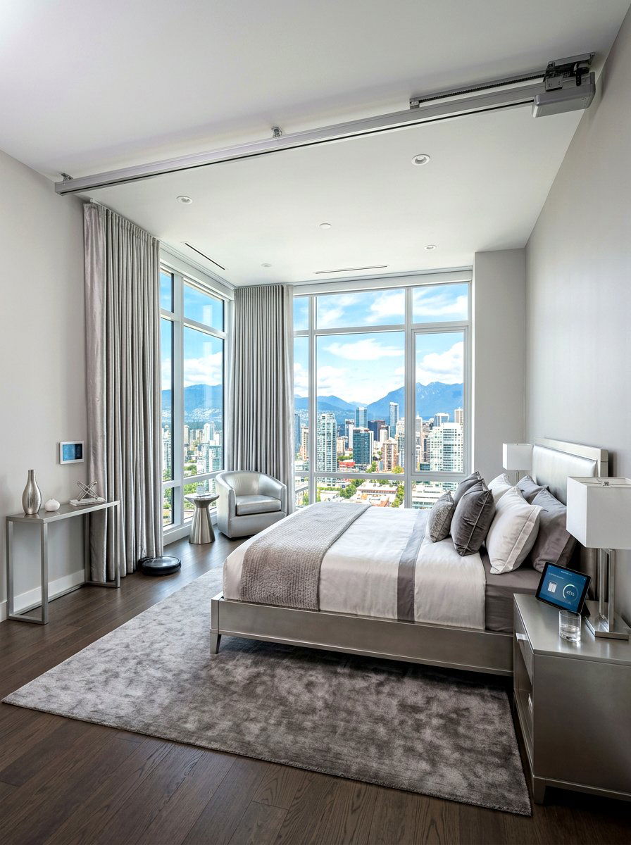 Automated smart curtain bedroom layout - 30 futuristic glam bedroom ideas
