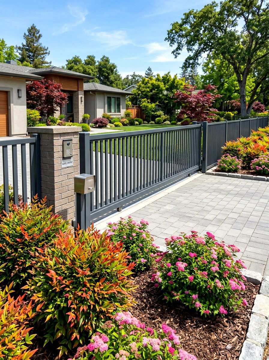 Automatic Sliding Gate With Low Maintenance Shrubbery - 30 driveway gate landscaping ideas