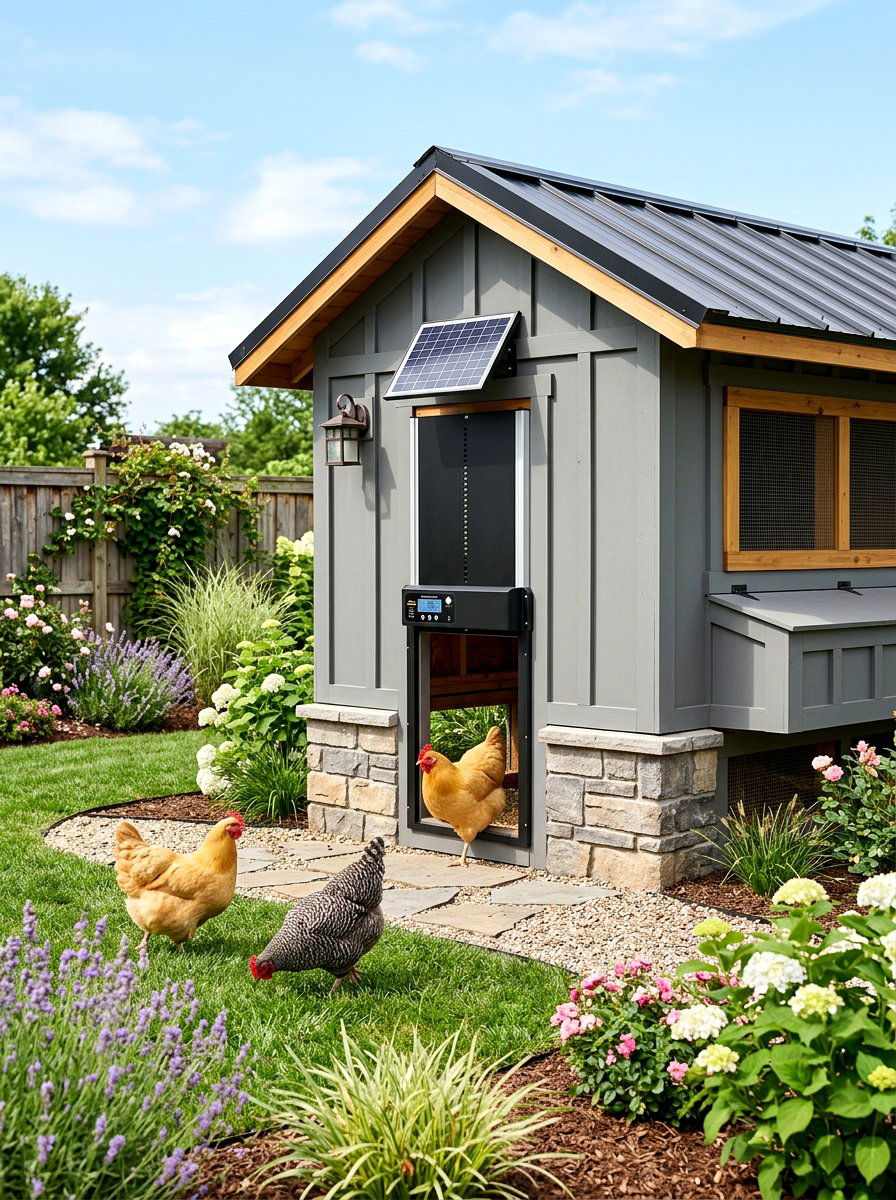 Automatic chicken coop door in garden - 30 backyard coop garden ideas